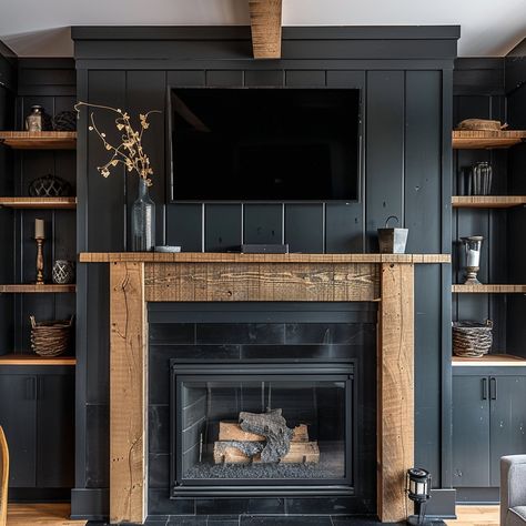 Please do not purchase a Mantel or shelves without first filling out the Quote Form and receiving a quote from us. Quote Form: https://form.jotform.com/240524957086059 Transform your fireplace into a focal point of rustic elegance with our Reclaimed Wood Beam Fireplace Mantels with Matching Shelves collection. Crafted from exquisite reclaimed pine wood beams, each mantel radiates timeless charm and character, while the accompanying shelves offer both aesthetic appeal and practical functionality. Crown Molding Around Fireplace, Traditional Mantle Ideas, Black Wood Panel Fireplace Wall, Mantle With Built Ins, Tall Black Fireplace, Black Fireplace With Wood Mantle, Black Corner Fireplace, All Black Fireplace, Built In Cabinets Around Fireplace