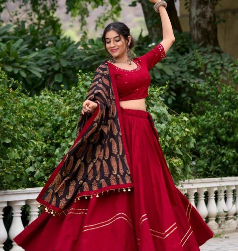 Enjoy the Navratri vibe with heritage chic of red and black combination of gota Patti & mirror work lehenga with pure cotton dupatta details ✨⭐️ SHOP NOW 🛍️ gotifab.com [lehengacholi, garba outfits, navratri lehengas, navratri collection,navratri chaniya choli,navratri collection ] #lehengacholi #navratrilehenga #navratricollection #navratri #navratrichaniyacholi #garbaoutfit Garba Chaniya Choli Traditional, Chaniya Choli Designs Navratri, Coin Lace, 2024 Dance, Cotton Lehenga Choli, Garba Chaniya Choli, Elegant Lehenga, Zip Stitching, Lehenga Stitched