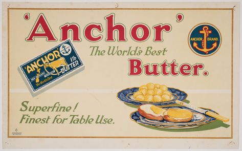 Anchor butter, poster, advertising, graphic design, 20th century, popular culture, Auckland Museum, no known copyright restrictions. Anchor Butter, Auckland Museum, Poster Advertising, Advertising Graphic Design, Best Butter, Vintage Advertising Posters, Vintage Packaging, A2 Poster, Poster Illustration