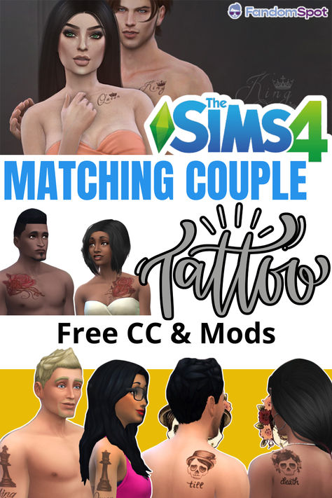 Sims 4 Couple Tattoos, Maxis Match Sims 4 Cc Tattoos, Sims 4 Maxis Match Tattoos, Ts4 Tattoos, Kiss Tattoos, Matching Couple Tattoos, Matching Tattoo, Sims4 Cc, Free Tattoo