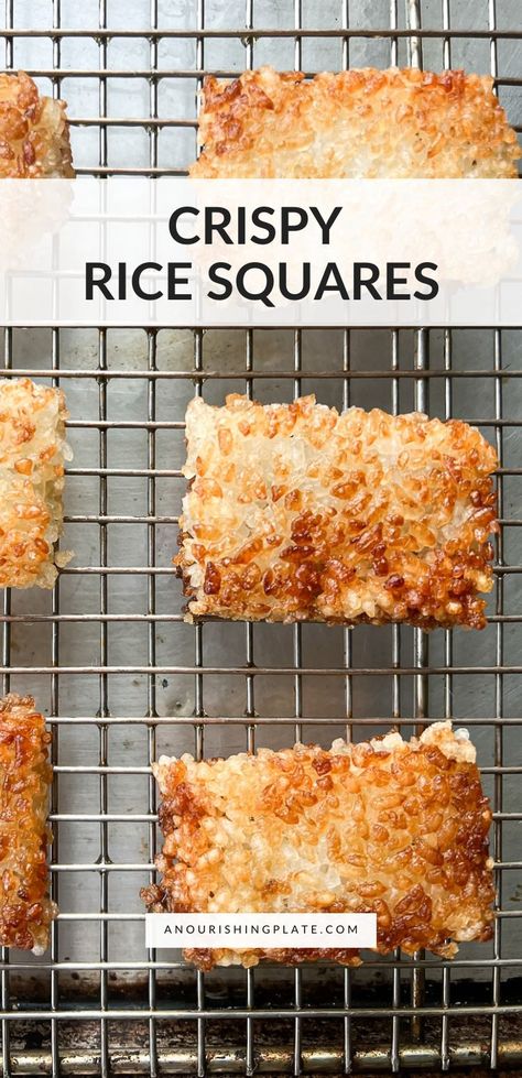 Learn how to make seasoned crispy rice squares with this easy method. They're a great crunchy rice base for Asian-style canapés or any type of appetizer. Rice Squares Fried, Korean Crispy Rice, Fried Sushi Rice Squares, Baked Crispy Rice, Crispy Rice Rolls, Crispy Rice Balls, How To Make Crispy Rice, Rice Crackers Recipe, Crispy Rice Squares