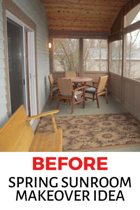 Decorating on a budget? check out the before and after photos of this sunroom remodel for some inspiration. The bold color scheme for trimmings instantly updates this old looking space. #diy #sunroom #makeover Small Enclosed Porch, Diy Sunroom, Small Sunroom Ideas, Sunroom Renovation, Sunroom Makeover, Sunroom Remodel, Cozy Sunroom, Small Sunroom, Three Season Porch