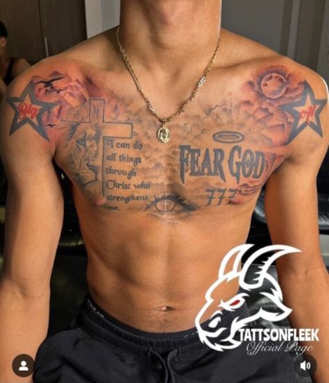 Behind Next Tattoo, Guys With Arm Tattoos, Chest Verse Tattoo, Whole Chest Tattoo For Men, Fear God Tattoo Men Chest, Quarter Sleeve Tattoo For Men Stencil, Chest God Tattoo, Hood Tattoos Men, Men Virgo Tattoo