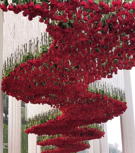 Red Rose Installation, Rose Installation, Paper Flower Wall Wedding, Hanging Flower Arrangements, Flowers Arch, Flower Ceiling, Flowers Hanging, Diy Wedding Backdrop, Luxury Wedding Decor