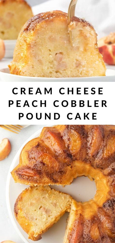 A slice of southern peach cobbler pound cake. Candle Cakes, Peach Cobbler Pound Cake, Peach Pound Cakes, Peach Dessert Recipes, Peach Desserts, Bundt Cakes Recipes, Party Platters, Peach Recipe, Peach Cobbler