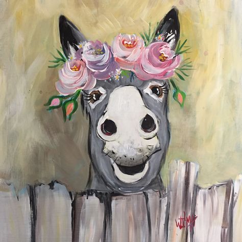 Mexican Canvas Painting, Cute Donkey Drawing Art, Donkey Painting, Donkey Drawing, Mouth Painting, Farm Animal Paintings, Farm Animal Painting, Ear Art, Flower Painting Canvas