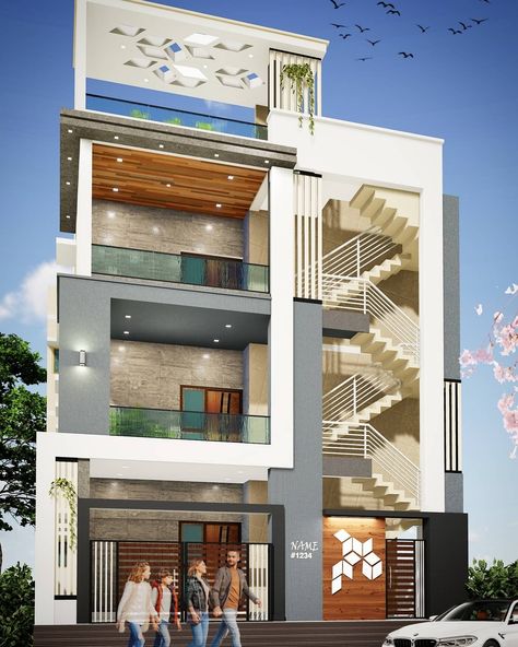 Staircase Front Elevation Design, Front Staircase Elevation, Staircase Elevation, Small Apartment Building Design, Front Building Design, Building Design Plan, Small Apartment Building, Apartments Exterior, Commercial Design Exterior