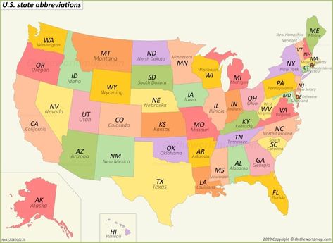 U.S. state abbreviations map Zip Code Map, Genealogy Map, American History Timeline, Map Quiz, State Abbreviations, Us State Map, Arizona Map, Washington State Parks, Geography For Kids