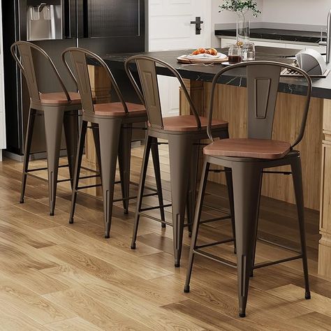 Amazon.com: Alunaune 24" Swivel Metal Counter Height Bar Stools Set of 4 High Back Industrial Bar Chairs Kitchen Barstools with Large Wooden Seat-Rusty : Home & Kitchen Farmhouse Barstools Counter Stools, Country Bar Stools, Kitchen Barstools, Bar Chairs Kitchen, Farmhouse Bar Stools, Metal Counter, Chairs Kitchen, Industrial Bar Stools, Industrial Bar