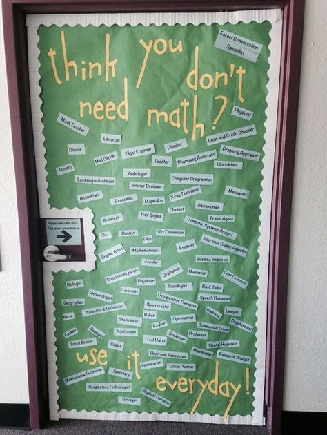 {image only} Final classroom door - think you don't need math? Math Classroom Door, Room Door Ideas, Classroom Door Ideas, Math Bulletin Boards, High School Math Classroom, Math Classroom Decorations, Middle School Math Classroom, Math School, Math Intervention