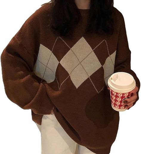 Women Oversized Long Sleeve Sweater Knit Jumper Argyle Plaid Crew Neck Pullover Y2K BF Style Loose Vintage Sweatshirt Academic Style, Argyle Print, Vintage Preppy, Plaid Sweater, Sweater Oversize, Large Sweaters, Oversized Knitted Sweaters, Sweater Brands, Knitwear Tops