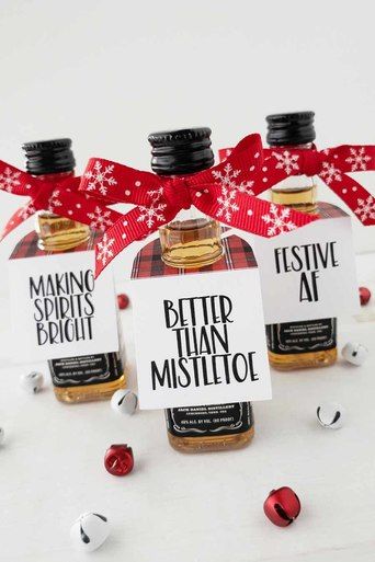 Bottles Of Alcohol, Christmas Party Table Decorations, Mini Alcohol Bottles, Santa Ideas, Christmas Party Table, Adult Christmas Party, Mini Liquor Bottles, Holiday Favors, Small Christmas Gifts