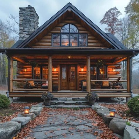 Log Cabin Homes Exterior Rustic, Log Cabin House Exterior, Log Cabin Front Porch, Cabin Front Porch, Timber Frame Cottage, Cabin House Design, Log Cabin Exterior, Cabin Porch, Log Home Interiors