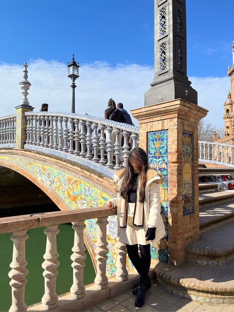 #seville #spain #espana #aesthetic #plazadeespana #southofspain #blue #outfits #spring #winter #fashion #outfits Seville Spain Winter, Seville Spain Aesthetic Outfit, Seville Spain Outfits, Espana Aesthetic, Spain Winter, Spain Outfit, Spain Aesthetic, Blue Outfits, South Of Spain