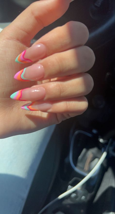 Multi Colored French Tip Nails Coffin, Multi Coloured French Tips, Multicolour French Tip Nails, Multicoloured French Tip Nails, Coffin Multi Color French Tip, French Tips Colorful, French Tips Summer, Colorful French Tips, 23 Nails