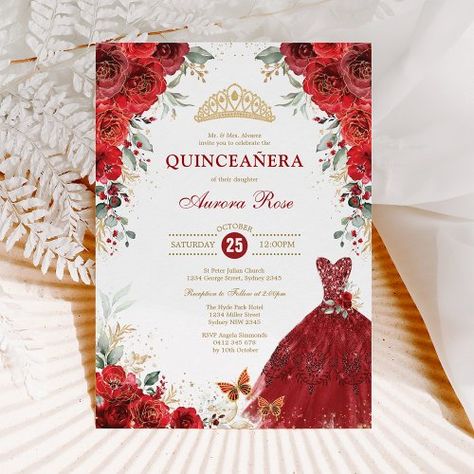 $2.09 | Red Roses Quinceañera Mis Quince 15th Birthday - mis quince anos, 15th birthday party, quinceañera, gold glitter tiara crown, sweet 16 sixteen, watercolor red roses, burgundy floral, princess dress ball gown, boho bohemian flowers, elegant girly modern trendy chic Butterfly Sweet 16, Invitations Quinceanera, Quinceanera Tiaras, Quinceañera Invitation, Aurora Rose, Princess Invitation, Butterfly Invitations, Fluttering Butterflies, Princess Invitations