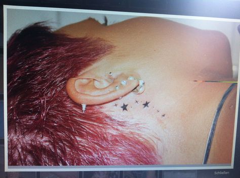 Behind The Ear Tattoo Ideas Stars, Behind Ear Star Tattoo, Sideburn Tattoo Women, Star Tattoos Behind Ear, Behind Ear Tattoo Small, Neck Tattoo Women, Tats Ideas, Pagan Tattoo, Behind Ear Tattoos