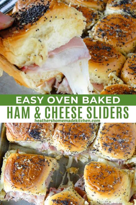 These Easy Ham and Cheese Sliders are a delicious combo of ham, swiss and provolone cheeses, on sweet dinner rolls, and topped with a yummy butter sauce. They are a breeze to whip up and the perfect appetizer for game days, parties and any celebration. Ham And Provolone Sliders, Best Ham Sandwiches Ever, Sauce For Sliders, Ham Roll Ups With Cream Cheese, Ham And Cheese Sliders On Hawaiian Rolls, Ham And Cheese Melts, Ham And Swiss Sandwiches, Easy Ham And Cheese Sliders, Hot Ham And Cheese Sandwiches