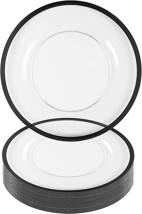 Amazon.com | PARTY BARGAINS 13-Inch Charger Plates - 16 Pack, Clear Black Rim, Heavy-Duty Disposable Chargers for Elegant Dining - Ideal for Weddings and Formal Events: Charger Plates Black Charger Plates, White Charger Plates, Black Plastic Plates, Black Charger, Clear Plates, White Charger, White Dishes, Disposable Plates, White Table Cloth