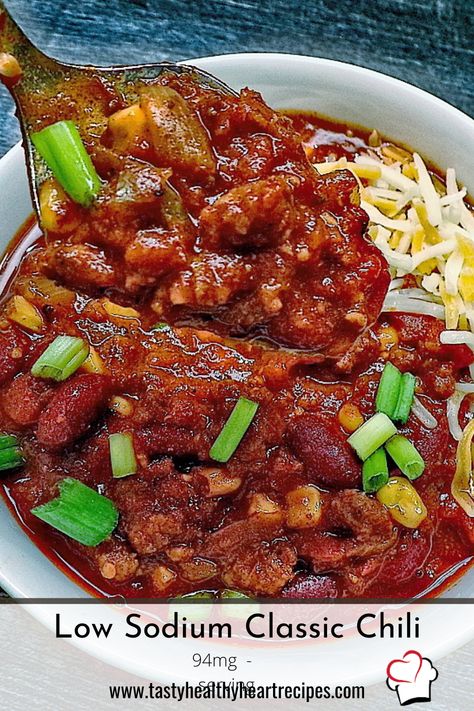 Dash Diet Chili Recipe, Low Sodium Chili Recipe Crock Pot, Chilli Recipe Low Sodium, Low Sodium Chili Seasoning, Heart Healthy Chili Recipes, Low Sodium Stew Recipes, No Salt Chili Recipe, Low Salt Chili Recipe, Low Sodium Keto Recipes