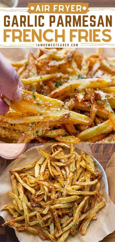 Air Fried French Fries Recipe, Garlic Parmesan Sweet Potato Fries Air Fryer, Garlic Parmesan French Fries Air Fryer, Air Fryer Garlic Parmesan Fries, Homemade Garlic Parmesan Fries, Garlic Parm Fries Air Fryer, Airfryer Recipes Snacks, Superbowl Appetizer Ideas, Air Fryer Garlic Fries