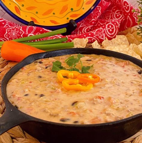 A quick and easy Skillet Stove Top Queso Dip loaded with ground beef, velveeta cheese, Rotel, green chilies, and black beans! It's the perfect dip with Big Flavor for the Queso Lover's at your Nest! Rotel Queso, Authentic Chicken Tortilla Soup, Queso Dip Velveeta, Cowboy Queso, Bean Cheese Dip, Velveeta Cheese Dip, Chicken Cheese Dip, Velveeta Queso, Slow Cooker Chicken Tortilla Soup