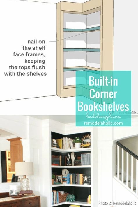 Built In Corner Bookshelves Building Plans And Tutorial By Remodelaholic.com #buildingplans #tutorials #bookshelves #cornershelves #cornerbookshelves Diy Corner Shoe Shelf, Built In Corner Bookshelves, Built In Corner Shelves, U Couch, Diy Corner Shelf, Bedroom Bookshelf, Diy Home Decor For Apartments, Corner Bookshelf, Bookshelf Plans