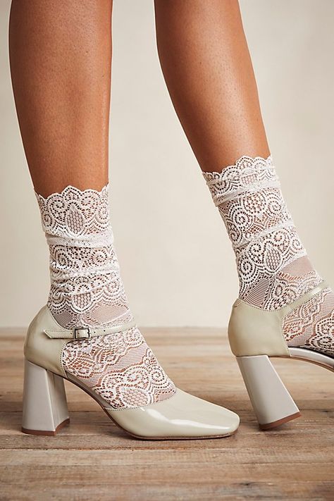 So lovely in lace, these feminine socks are featured in a lightweight, breathable fabrication and stretchy style with scallop edge trim, lace detailing allover, and a seamed toe. | Camila Lace Socks by Free People in White Lace Socks With Heels Outfit, Feminine Socks, Lace Socks With Heels, Socks With Heels, Loin Recipes, Lace Ankle Socks, Women Socks Fashion, Winter Ball, Bed Socks