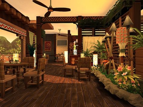 Tropical Cafe Bloxburg, Bloxburg Tiki Bar, Summer Resort Bloxburg, Bloxburg House Ideas Tropical, Bloxburg Tropical Resort, Bloxburg Resort Ideas, Bloxburg Tropical House, Tropical Bloxburg House, Bloxburg Treehouse