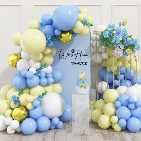 PRICES MAY VARY. �❣️【Elegant Design】 Our blue yellow balloon arch kit are designed to add a touch of elegance to your event! The balloon arch includes 10inch: 25 x white, 20 x maca blue, 20 x maca yellow, 3 x 4D gold foil balloons; 5inch: 10 x white, 10 x maca blue, 5 x maca yellow; 18inch: 1 x white, 1 x maca blue, 1 x maca yellow; 1x balloon strip, 1x dispensing, 1x ribbon. ❣️【Quality Guarantee】 Our blue yellow white balloon arch are made of high-quality materials, ensuring long-lasting bright Italy Party Theme, Yellow Balloon Arch, Shiny Balloons, Gold Foil Balloons, Balloon Arch Kit, Bridal Shower Balloons, Sunshine Baby Showers, Yellow Balloons, Sprinkle Baby Shower