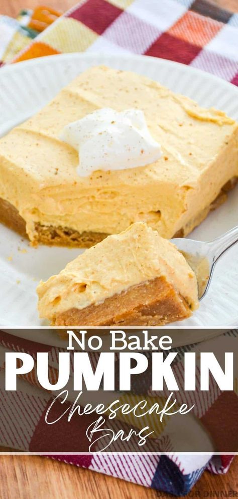 No Bake Pumpkin Bars, No Bake Pumpkin Cheesecake Bars, Bake Cheesecake Recipes, No Bake Cheesecake Recipes, Peanut Butter Dessert Recipes, No Bake Pumpkin, Bake Pumpkin, Pumpkin Cheesecake Bars, No Bake Pumpkin Cheesecake