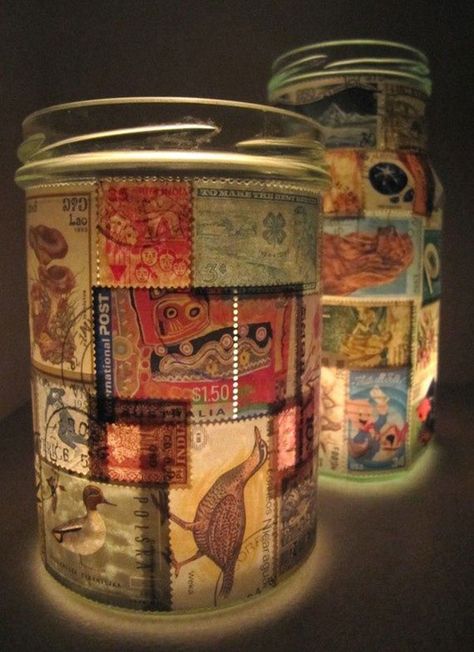 35 striking recycled lamps that are borderline genius Decoupage Drawers, Thrift Decor, Postage Stamps Crafts, Recycled Lamp, Recycled Jars, Postage Stamp Art, Candle Light, Mason Jar Crafts, Jar Crafts