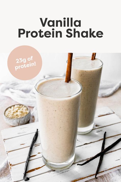 This vanilla protein shake is made with simple, natural ingredients and packed with protein. It’s perfect as a post-workout snack or a filling breakfast on the go! Vanilla Protein Shake Recipes, Vanilla Drink, Strawberry Protein Shake, Vanilla Protein Shake, Easy Protein Shakes, Peanut Butter Protein Shake, Banana Protein Shake, 20 Grams Of Protein, Vanilla Protein Shakes