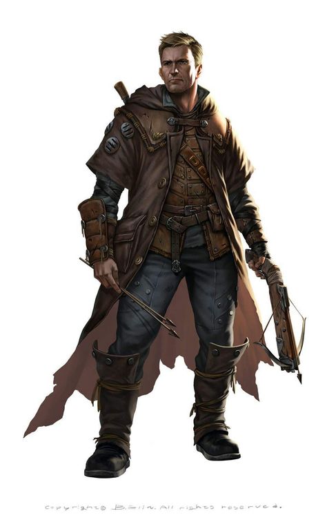 Monster Hunter Ranger Dnd, Leather Cloak, Hand Crossbow, Rpg Npc, Arte Cyberpunk, Bow And Arrow, Demon Hunter, Human Male, Dungeons And Dragons Characters