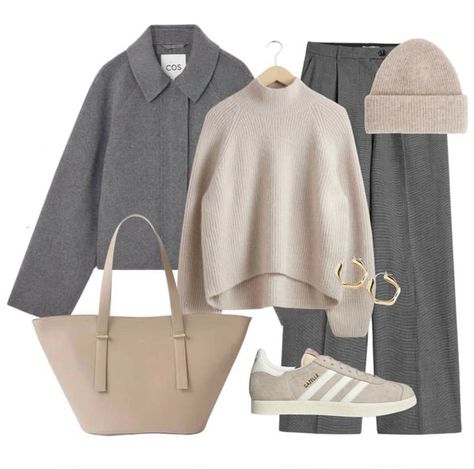 Grey And Beige Outfit, Grey Jacket Outfit, Grey Top Outfit, Cropped Jacket Outfit, Look Beige, Shop The Outfit, Trainers Outfit, Modesty Outfits, Beige Outfit