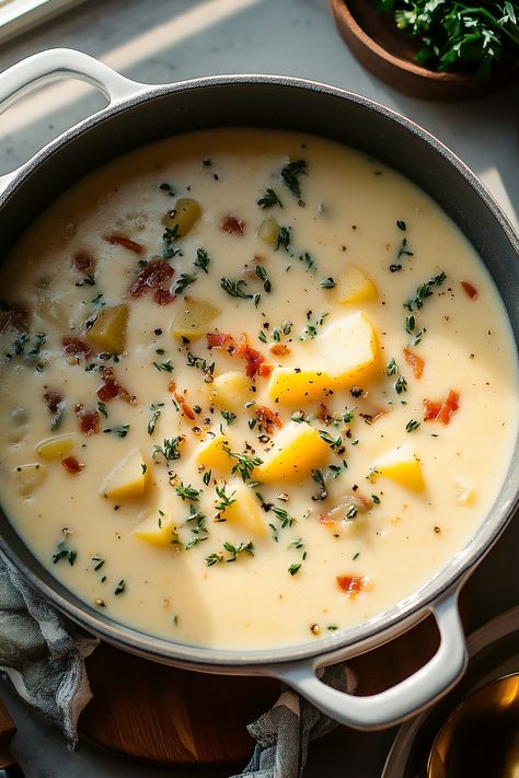 Creamy Potato Soup Potato Soup With Yukon Gold Potatoes, Traditional Potato Soup, Roasted Garlic Potato Soup, Potato And Onion Soup, Potatoes Soup Recipes, Yukon Gold Potato Soup, Celery Potato Soup, Potato And Cheese Soup, Classic Potato Soup