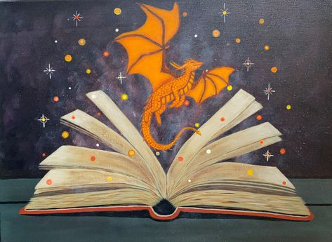 Just something a little different today. I painted my happy little dragon about 6 years ago and along with my magic book, they found their forever home together not long after they were both finished. But my little dragon has gone nuts on Pinterest in the last six months with over 16,500k views and every day he is liked, saved, and clicked on so he is turning into a viral little dragon. No wonder he is smiling 😀Thank you, little friend! #annesartspace #acrylicpainting #art #artoftheday Book Dragon Art, Dragon Painting Acrylic Easy, Dragon Reading, Magic Painting, Home Together, Hippie Painting, Dragon Party, Acrylic Artists, Moon Drawing