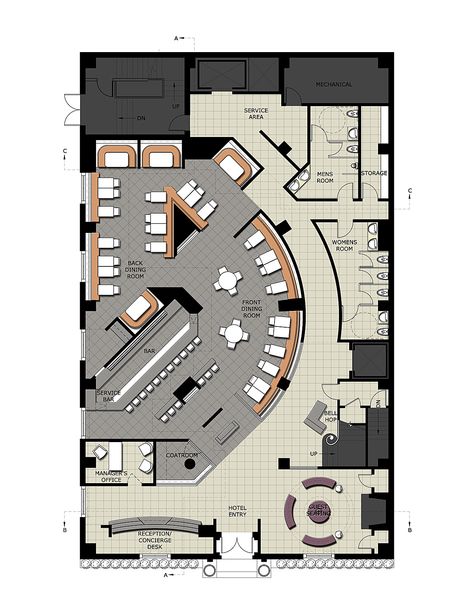 A boutique hotel and restaurant/lounge in Philadelphia, PA called Hotel du Jour & Mystique Lounge. Cafe Floor Plan, Cafe Plan, Restaurant Floor Plan, Cafeteria Design, Restaurant Layout, Restaurant Plan, Office Floor Plan, Hotel Floor Plan, Restaurant Flooring