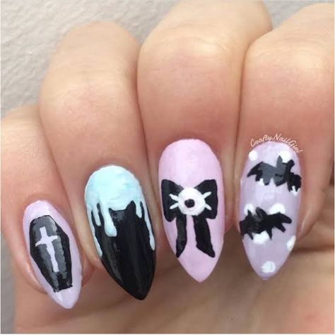 Pastel Goth Nail Art, Kawaii Goth Nails, Goth Nails Square, Pastel Goth Nails, Goth Nail Art, Kawaii Instagram, Nails Basic, Nails Pastel, Goth Kawaii