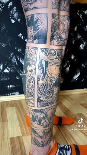 Anime Panel Tattoo Leg Sleeve, Anime Sleeve Tattoo Design, Manga Pannel Tattoos, Anime Arm Tattoo Sleeve, Anime Leg Tattoo Men, Manga Panels Tattoo Ideas, Manga Panel Tattoo Sleeve, Anime Calf Tattoo, Anime Collage Tattoo