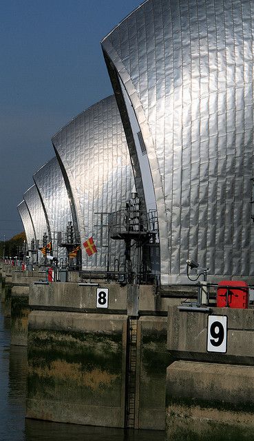 Thames Barrier  London   by ruthhallam, via Flickr - another example of the OIL CANNING effect on light gauge metal panel sheets that became part of the building facade design. Cheers - YL Thames Barrier, Steel Gates, Main Gates, London Icons, London Sights, London History, Main Gate, London Places, Building Facade