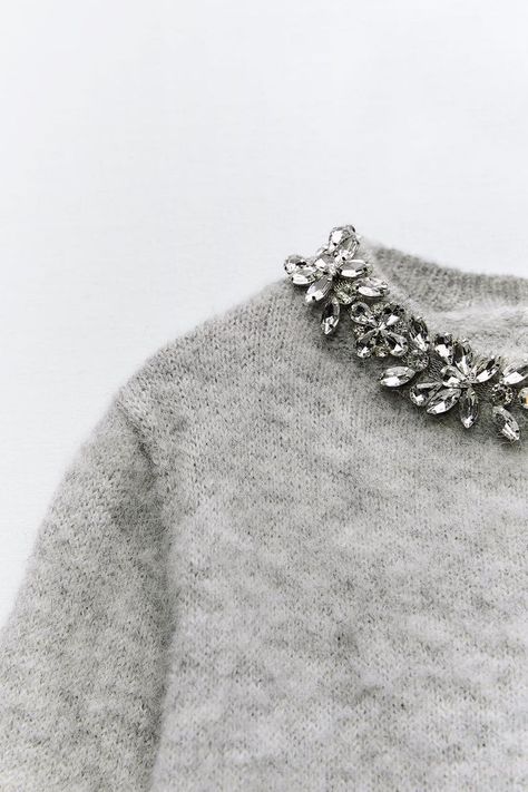 Rhinestone Sweater, Jeweled Collar, Simple Hand Embroidery Patterns, Touch Of Gray, Rhinestone Appliques, Beaded Collar, Grey Knit Sweater, Next Clothes, Round Neck Sweaters