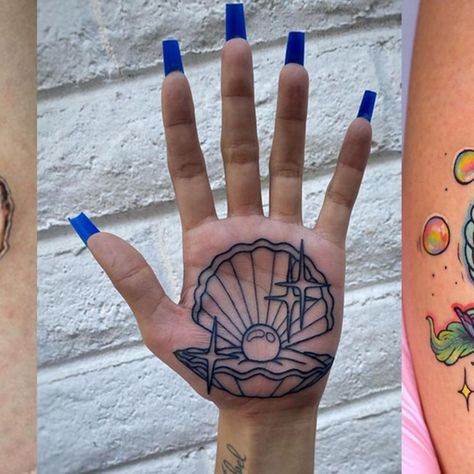 Inner Hand Tattoos For Women, Hand Tattoos Traditional, Traditional Hand Tattoos, Clam Shell With Pearl, Cuticle Tattoos, Hand Palm Tattoos, Traditional Tattoo Outline, Shell With Pearl, Palm Tattoo