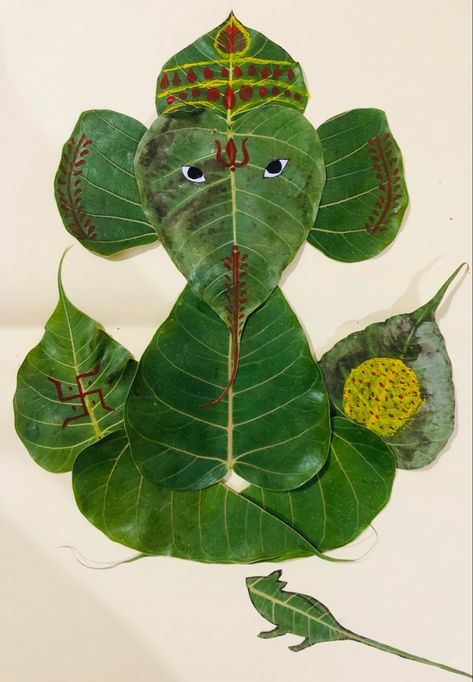 Jai shri ganesh,,, bhagwan ganesh made with pipal leaves by @n!$#@ Ganesh Decoration With Leaves, Ganesh With Leaves, Jai Shri Ganesh, Nursery Class Activities, Bhagwan Ganesh, Ganesh Bhagwan, Ganesh Rangoli, Ganpati Decoration Theme, Simple Flower Rangoli