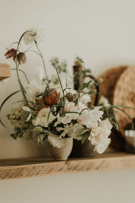 Pretty, romantic wedding flowers arranged on a wooden shelf. Intimate Home Wedding, Fresh Wedding Flowers, Romantic Wedding Flowers, The Pavilion, The Wedding Date, Wooden Shelf, Wildflower Wedding, Wedding Flower Arrangements, Beautiful Textures