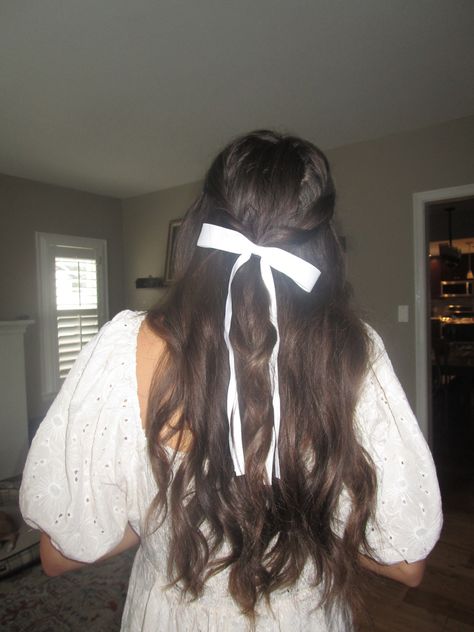 Hoco half up half down hair style for long to medium length hair with white bow and dark brown hair digital photo digital camera photography Aesthetic Ribbon, Bow Hairstyles, Tutorial Ideas, Trendy Hairstyle, Ribbon Hairstyle, Hairstyle Tutorial, Half Up Half Down, Hair Extension, Half Up