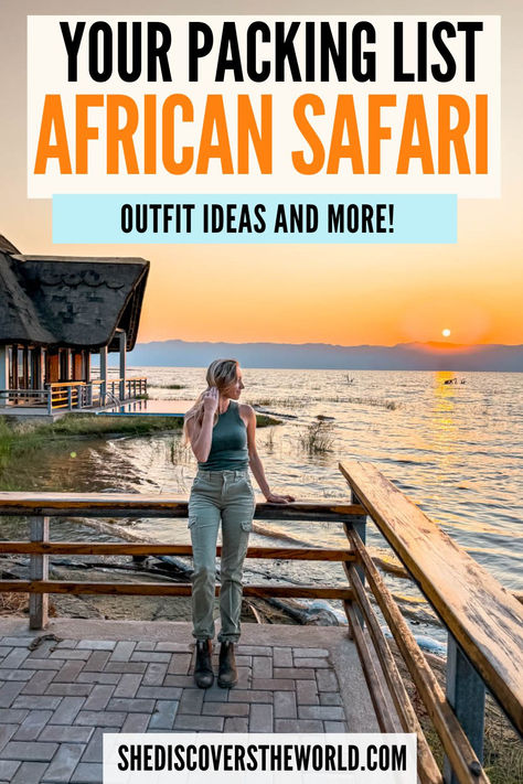 Planning an African safari, but don't know what to pack? This Africa safari packing list covers what to wear, outfit ideas, packing tips, and a free printable check list. Safari outfits | What to wear on safari | African safari packing | how to dress Africa safari | Tanzania packing list | Safari Packing Tips | South Africa packing list | Kenya | Serengeti | Safari Trips | Safari Travel | Safari check list African Trip Outfits, What To Wear On Safari South Africa, Safari Packing List South Africa, African Safari Packing List, Africa Travel Outfit, South Africa Outfits What To Wear, African Safari Outfit, South Africa Packing List, What To Wear On Safari