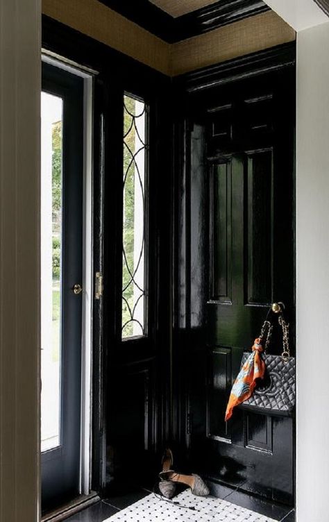 Black Vestibule, Marble Basketweave Floor, Amazing Entryways, Foyer Floors, Marble Basketweave, Furniture Paint Color, Marble Foyer, Fantasy Interior, Black Wainscoting