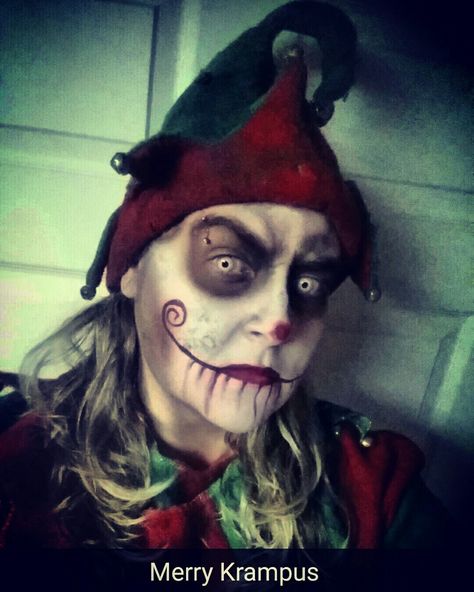 Evil Elf. Krampus little helper Scary Elf Makeup, Horror Christmas Makeup, Evil Elf Makeup, Evil Christmas Elf, Scary Christmas Makeup, Buttercup Makeup, Haunted Makeup, Makeup Prompts, Clown Photography