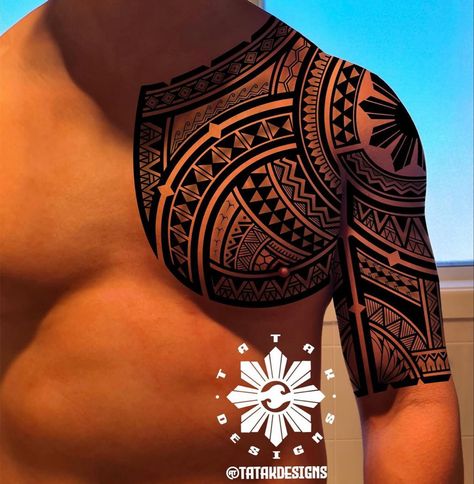 Polynesian Tattoo Sleeve, Chest Tattoo Stencils, Chest Tattoo Ideas, Skull With Horns, Chest Hair, Forearm Band Tattoos, Polynesian Tattoo Designs, Polynesian Art, Cool Chest Tattoos